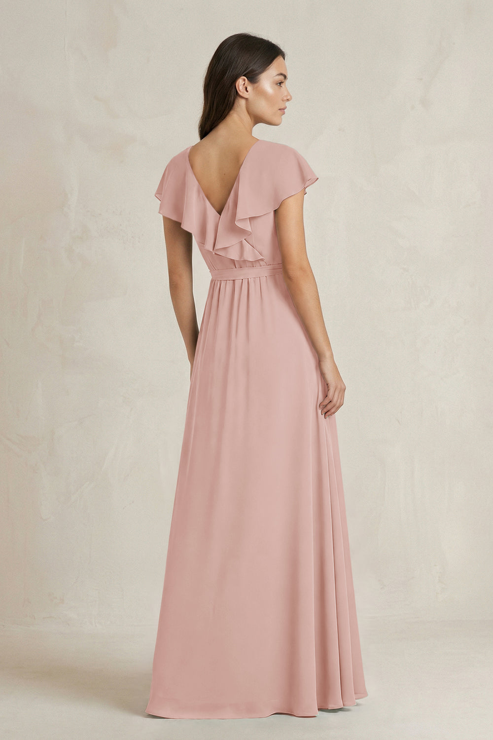 V-Neck A-Line Ruffled Chiffon Bridesmaid Dress With Bow in English Rose