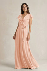 V - Neck A - Line Ruffled Chiffon Bridesmaid Dress With Bow in English Rose - KISS BRIDAL Bridesmaid Dresses