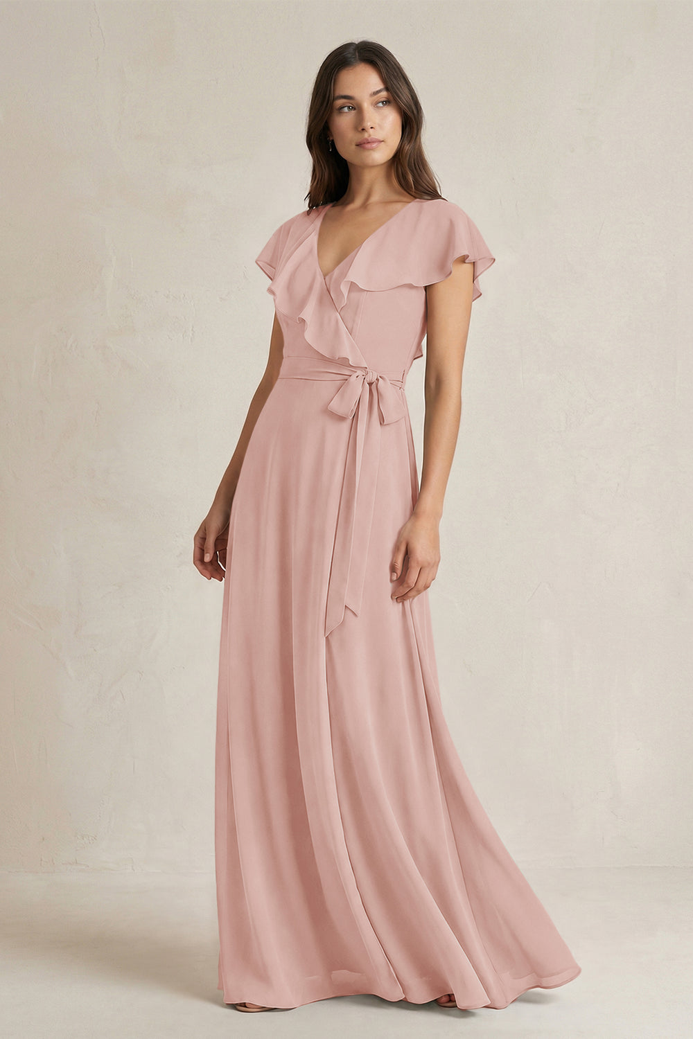 V-Neck A-Line Ruffled Chiffon Bridesmaid Dress With Bow in English Rose