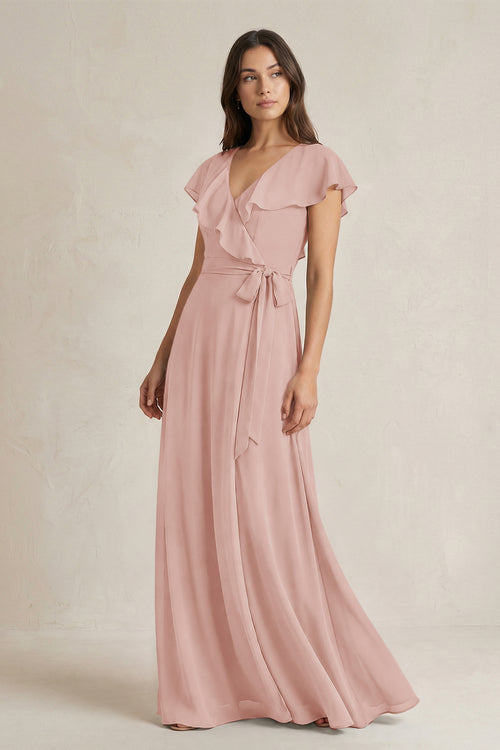 V-Neck A-Line Ruffled Chiffon Bridesmaid Dress With Bow  in English Rose | KISSBRIDAL