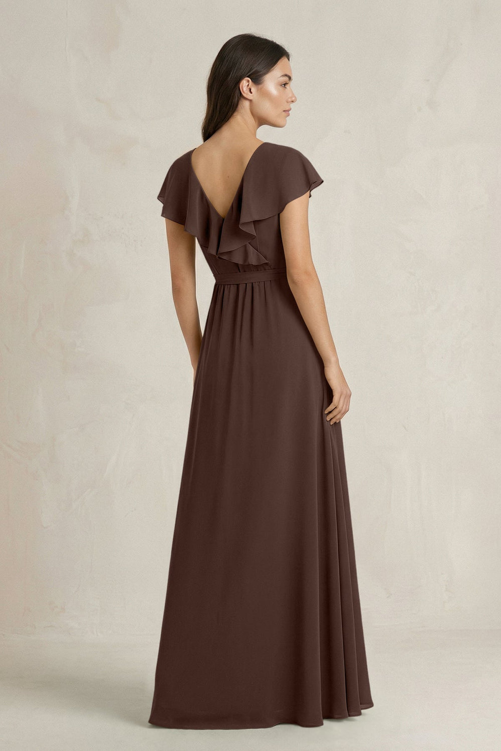 V - Neck A - Line Ruffled Chiffon Bridesmaid Dress With Bow in Espresso - KISS BRIDAL Bridesmaid Dresses