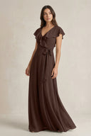 V - Neck A - Line Ruffled Chiffon Bridesmaid Dress With Bow in Espresso - SHE IS ME Bridesmaid Dresses