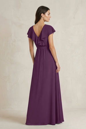 V-Neck A-Line Ruffled Chiffon Bridesmaid Dress With Bow  in Fig (2) | KISSBRIDAL