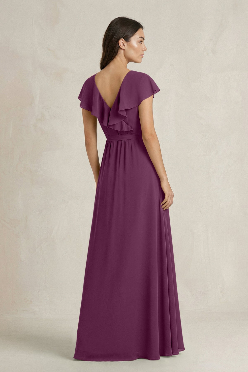 V - Neck A - Line Ruffled Chiffon Bridesmaid Dress With Bow in Fig - KISS BRIDAL Bridesmaid Dresses