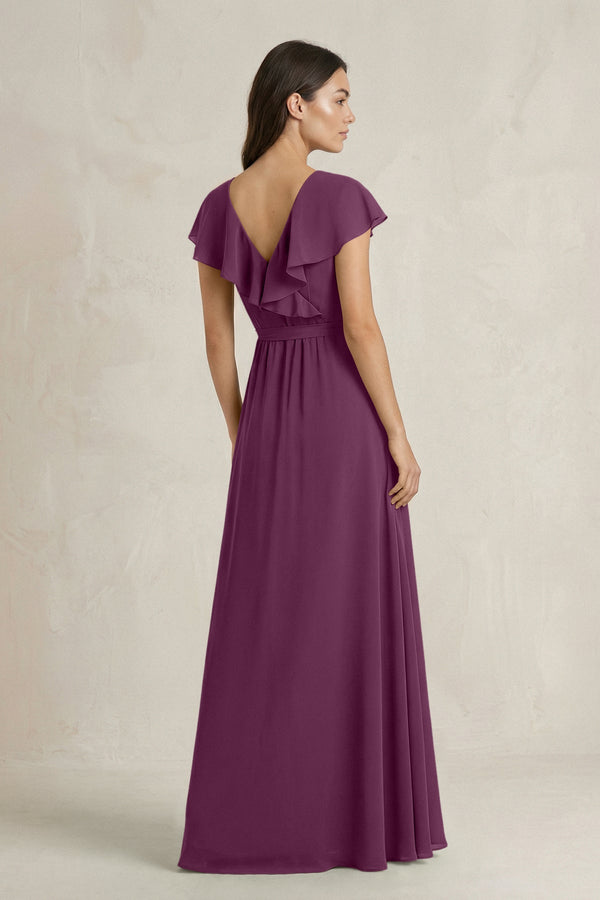 V - Neck A - Line Ruffled Chiffon Bridesmaid Dress With Bow in Fig - SHE IS ME Bridesmaid Dresses