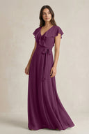V - Neck A - Line Ruffled Chiffon Bridesmaid Dress With Bow in Fig - SHE IS ME Bridesmaid Dresses
