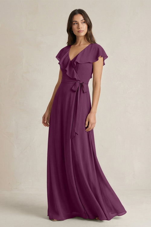 V - Neck A - Line Ruffled Chiffon Bridesmaid Dress With Bow in Fig - SHE IS ME Bridesmaid Dresses