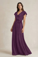 V-Neck A-Line Ruffled Chiffon Bridesmaid Dress With Bow  in Fig | KISSBRIDAL