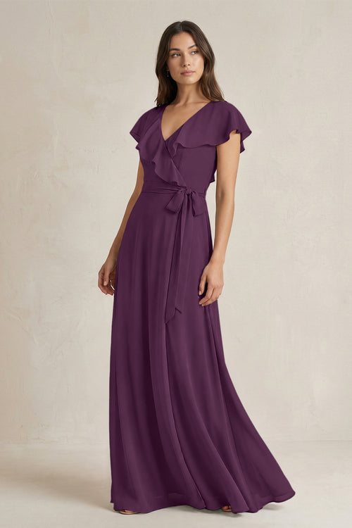V-Neck A-Line Ruffled Chiffon Bridesmaid Dress With Bow  in Fig | KISSBRIDAL