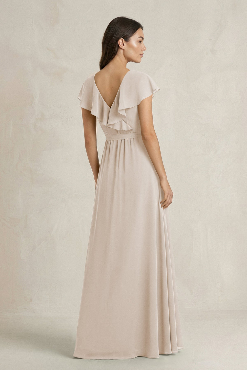 V - Neck A - Line Ruffled Chiffon Bridesmaid Dress With Bow in Frost - KISS BRIDAL Bridesmaid Dresses