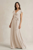 V - Neck A - Line Ruffled Chiffon Bridesmaid Dress With Bow in Frost - SHE IS ME Bridesmaid Dresses