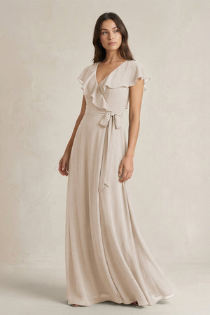 V - Neck A - Line Ruffled Chiffon Bridesmaid Dress With Bow in Frost - SHE IS ME Bridesmaid Dresses