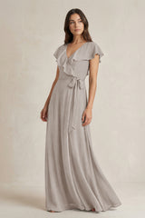 V-Neck A-Line Ruffled Chiffon Bridesmaid Dress With Bow  in Frost | KISSBRIDAL
