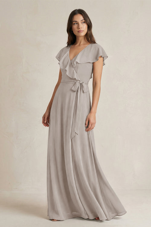 V-Neck A-Line Ruffled Chiffon Bridesmaid Dress With Bow  in Frost | KISSBRIDAL