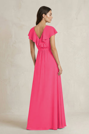 V-Neck A-Line Ruffled Chiffon Bridesmaid Dress With Bow  in Fuchsia (2) | KISSBRIDAL