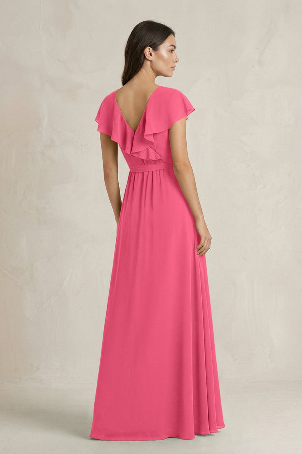 V - Neck A - Line Ruffled Chiffon Bridesmaid Dress With Bow in Fuchsia - SHE IS ME Bridesmaid Dresses