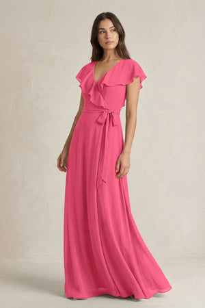 V - Neck A - Line Ruffled Chiffon Bridesmaid Dress With Bow in Fuchsia - SHE IS ME Bridesmaid Dresses
