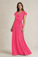 V-Neck A-Line Ruffled Chiffon Bridesmaid Dress With Bow  in Fuchsia | KISSBRIDAL