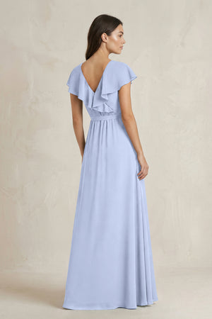 V-Neck A-Line Ruffled Chiffon Bridesmaid Dress With Bow  in Ice (2) | KISSBRIDAL