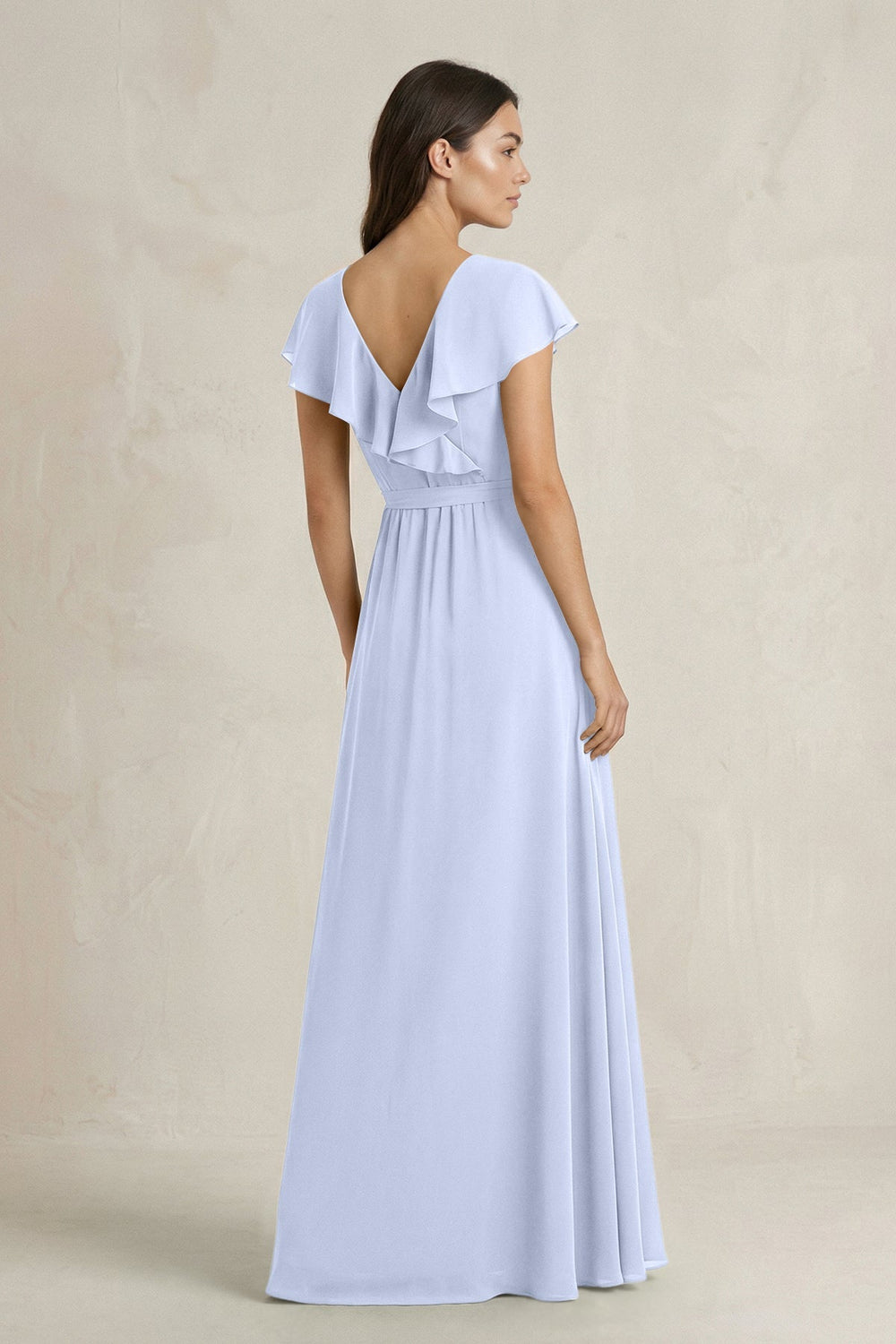 V - Neck A - Line Ruffled Chiffon Bridesmaid Dress With Bow in Ice - KISS BRIDAL Bridesmaid Dresses