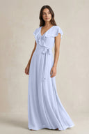 V - Neck A - Line Ruffled Chiffon Bridesmaid Dress With Bow in Ice - SHE IS ME Bridesmaid Dresses