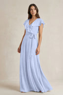 V-Neck A-Line Ruffled Chiffon Bridesmaid Dress With Bow  in Ice | KISSBRIDAL