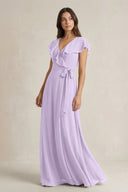 V - Neck A - Line Ruffled Chiffon Bridesmaid Dress With Bow in Lavender - SHE IS ME Bridesmaid Dresses