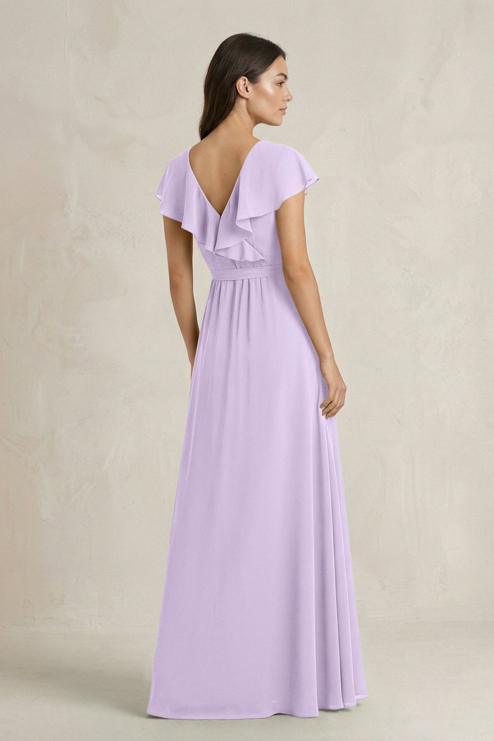 V - Neck A - Line Ruffled Chiffon Bridesmaid Dress With Bow in Lavender - KISS BRIDAL Bridesmaid Dresses
