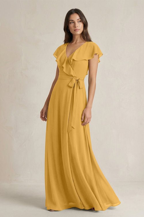 V - Neck A - Line Ruffled Chiffon Bridesmaid Dress With Bow in Marigold - SHE IS ME Bridesmaid Dresses