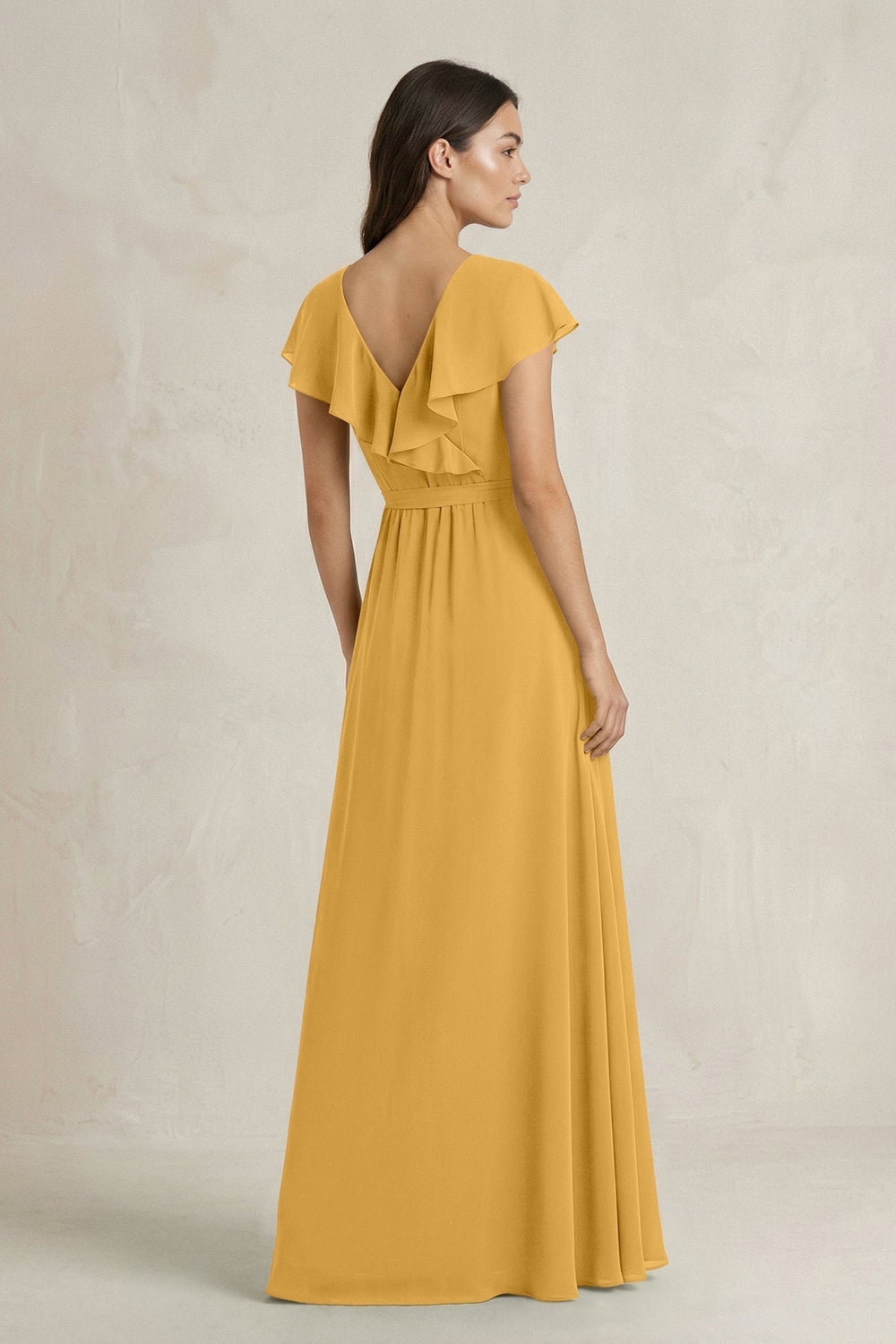 V - Neck A - Line Ruffled Chiffon Bridesmaid Dress With Bow in Marigold - KISS BRIDAL Bridesmaid Dresses