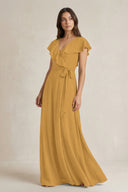 V-Neck A-Line Ruffled Chiffon Bridesmaid Dress With Bow  in Marigold | KISSBRIDAL