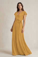 V-Neck A-Line Ruffled Chiffon Bridesmaid Dress With Bow  in Marigold | KISSBRIDAL