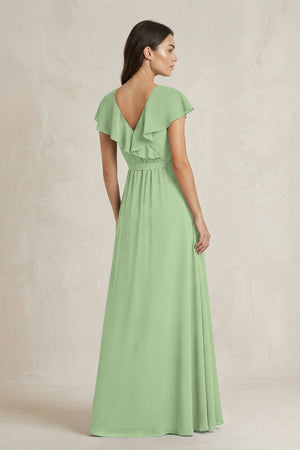 V-Neck A-Line Ruffled Chiffon Bridesmaid Dress With Bow  in Matcha (2) | KISSBRIDAL
