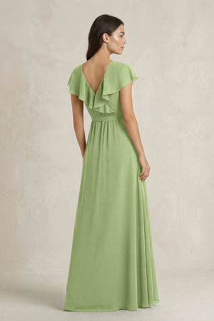 V - Neck A - Line Ruffled Chiffon Bridesmaid Dress With Bow in Matcha - SHE IS ME Bridesmaid Dresses