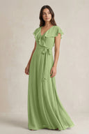 V - Neck A - Line Ruffled Chiffon Bridesmaid Dress With Bow in Matcha - SHE IS ME Bridesmaid Dresses