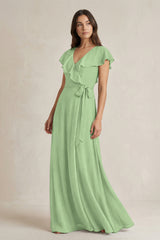V-Neck A-Line Ruffled Chiffon Bridesmaid Dress With Bow  in Matcha | KISSBRIDAL