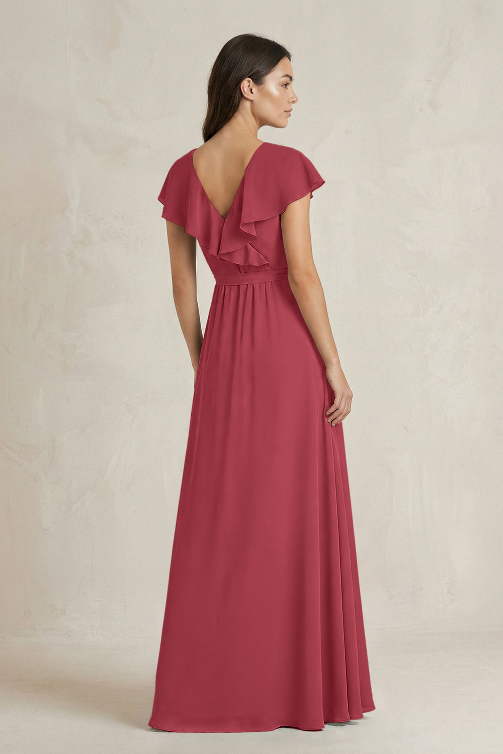 V-Neck A-Line Ruffled Chiffon Bridesmaid Dress With Bow in Merlot