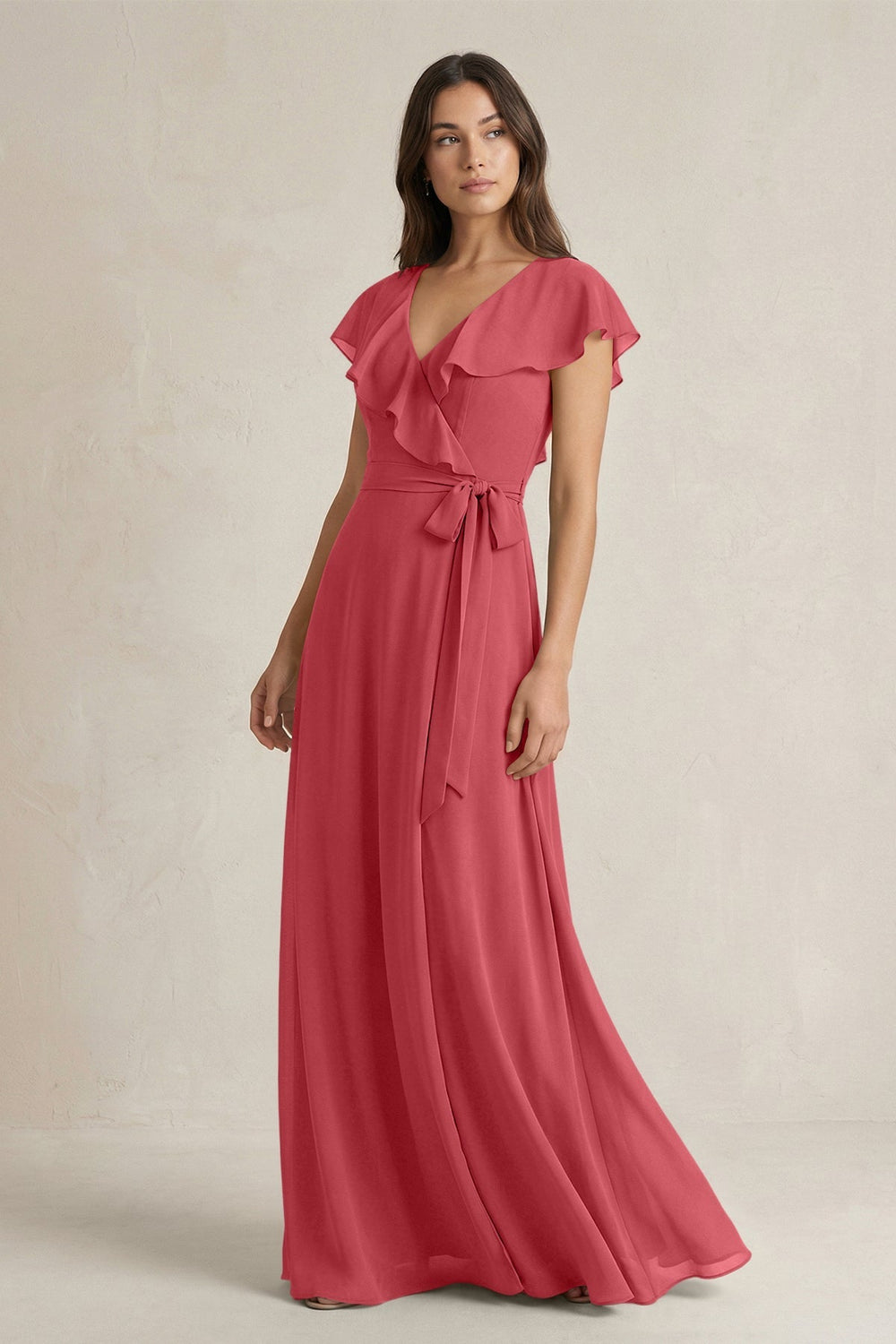 V - Neck A - Line Ruffled Chiffon Bridesmaid Dress With Bow in Merlot - KISS BRIDAL Bridesmaid Dresses