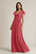 V - Neck A - Line Ruffled Chiffon Bridesmaid Dress With Bow in Merlot - SHE IS ME Bridesmaid Dresses