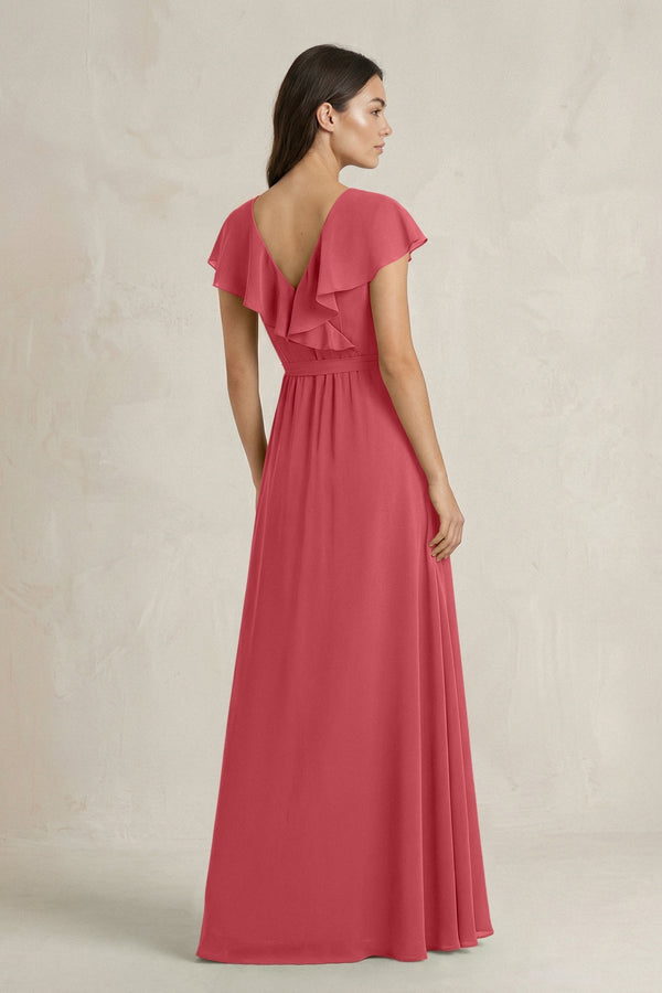 V - Neck A - Line Ruffled Chiffon Bridesmaid Dress With Bow in Merlot - SHE IS ME Bridesmaid Dresses