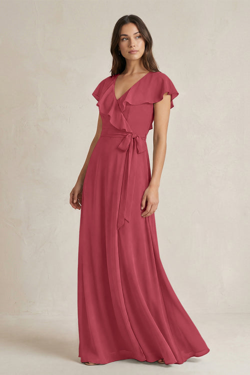 V-Neck A-Line Ruffled Chiffon Bridesmaid Dress With Bow  in Merlot | KISSBRIDAL