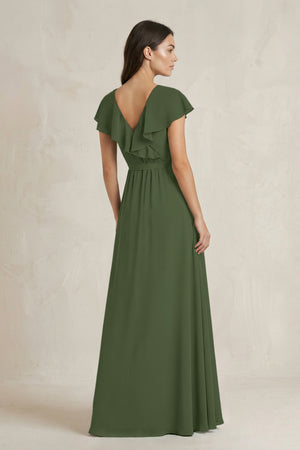 V-Neck A-Line Ruffled Chiffon Bridesmaid Dress With Bow  in Moss (2) | KISSBRIDAL