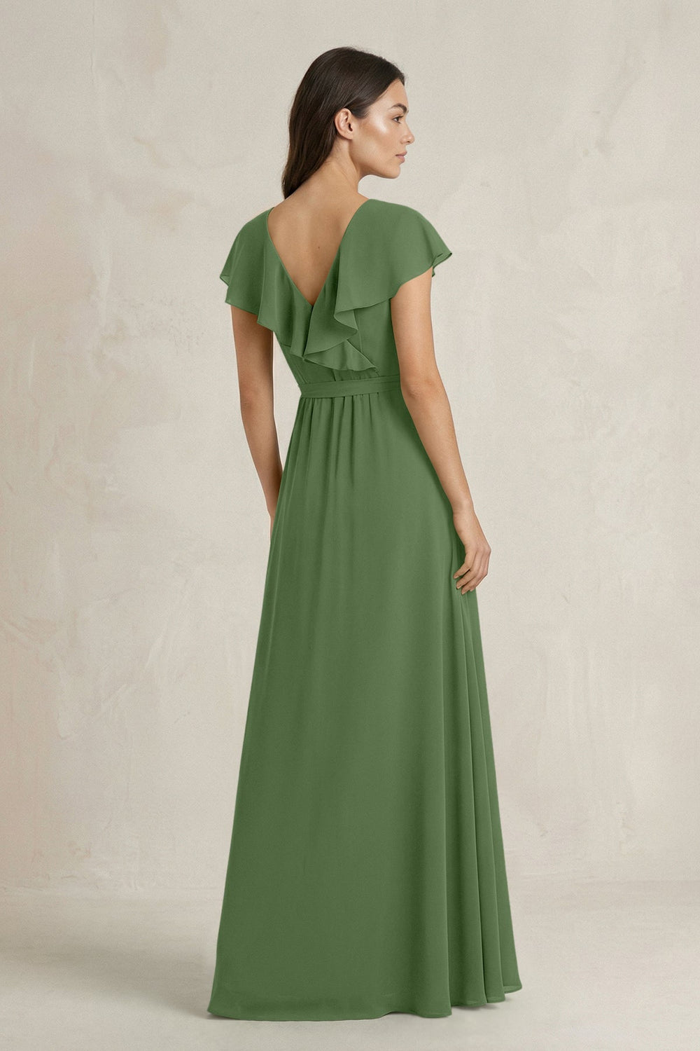 V - Neck A - Line Ruffled Chiffon Bridesmaid Dress With Bow in Moss - KISS BRIDAL Bridesmaid Dresses