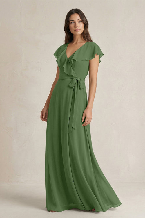 V - Neck A - Line Ruffled Chiffon Bridesmaid Dress With Bow in Moss - SHE IS ME Bridesmaid Dresses