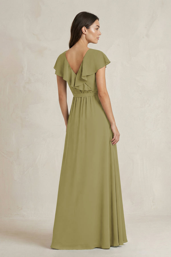V-Neck A-Line Ruffled Chiffon Bridesmaid Dress With Bow in Moss Green (2) | KISSBRIDAL