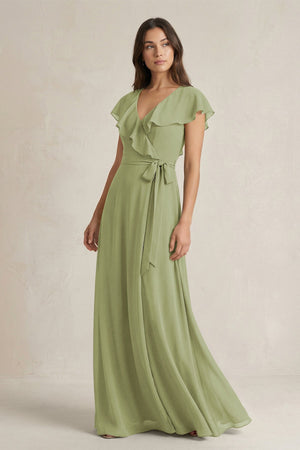 V - Neck A - Line Ruffled Chiffon Bridesmaid Dress With Bow in Moss Green - SHE IS ME Bridesmaid Dresses