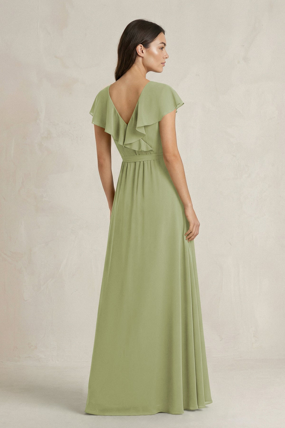 V - Neck A - Line Ruffled Chiffon Bridesmaid Dress With Bow in Moss Green - KISS BRIDAL Bridesmaid Dresses