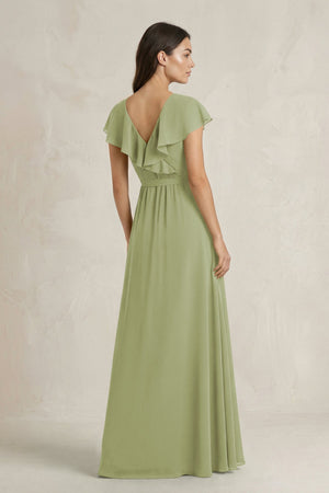 V - Neck A - Line Ruffled Chiffon Bridesmaid Dress With Bow in Moss Green - SHE IS ME Bridesmaid Dresses
