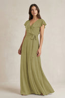 V-Neck A-Line Ruffled Chiffon Bridesmaid Dress With Bow in Moss Green | KISSBRIDAL