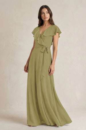 V-Neck A-Line Ruffled Chiffon Bridesmaid Dress With Bow in Moss Green | KISSBRIDAL
